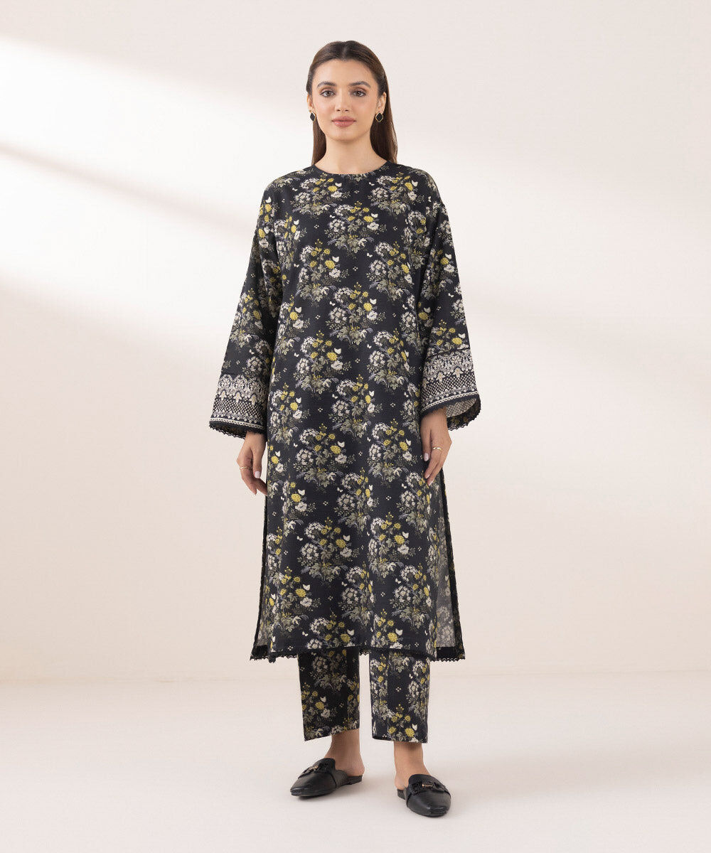 Woman - Black Printed Khaddar Shirt