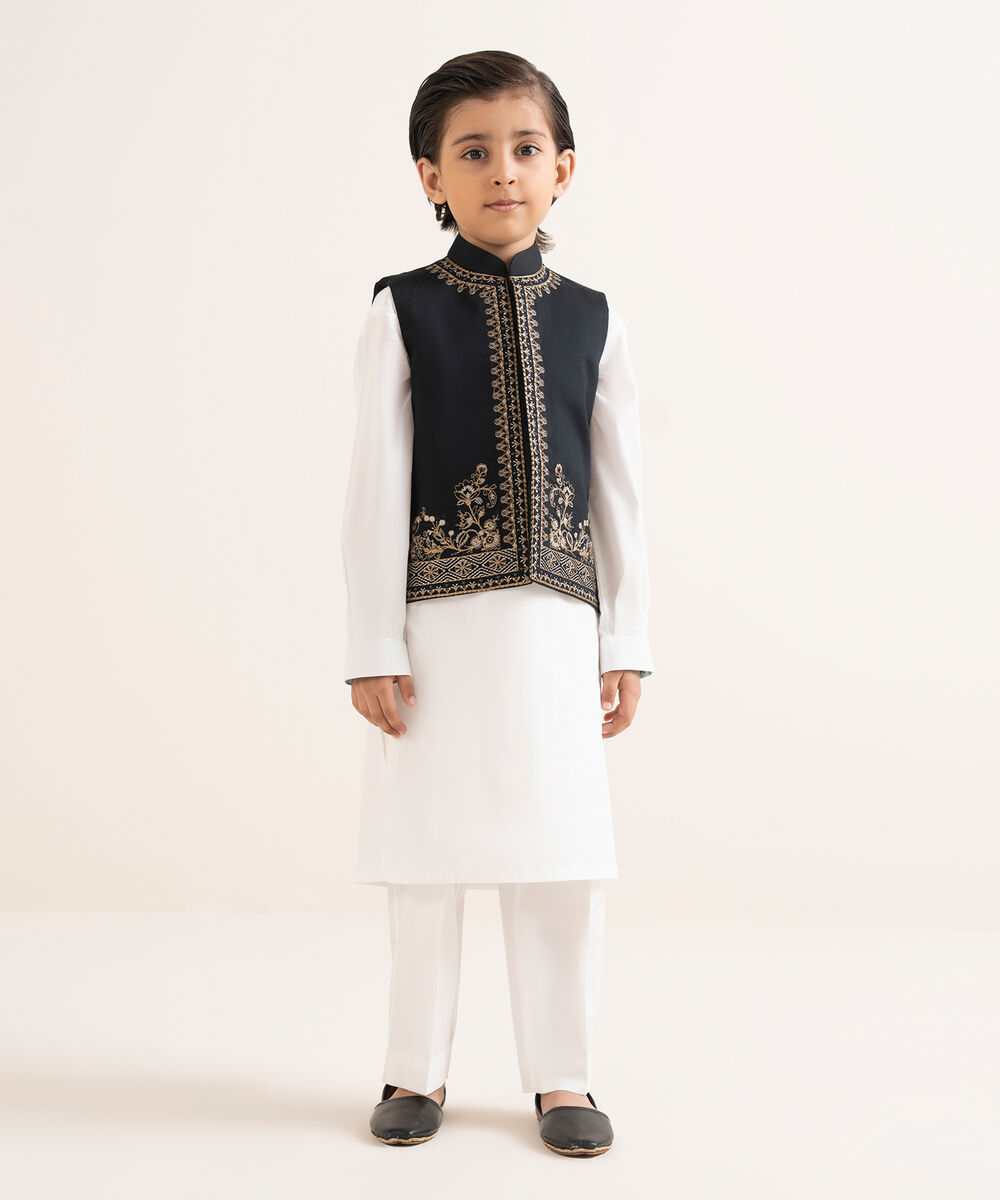 Boy's Stitched Premium Cotton Black Waistcoat