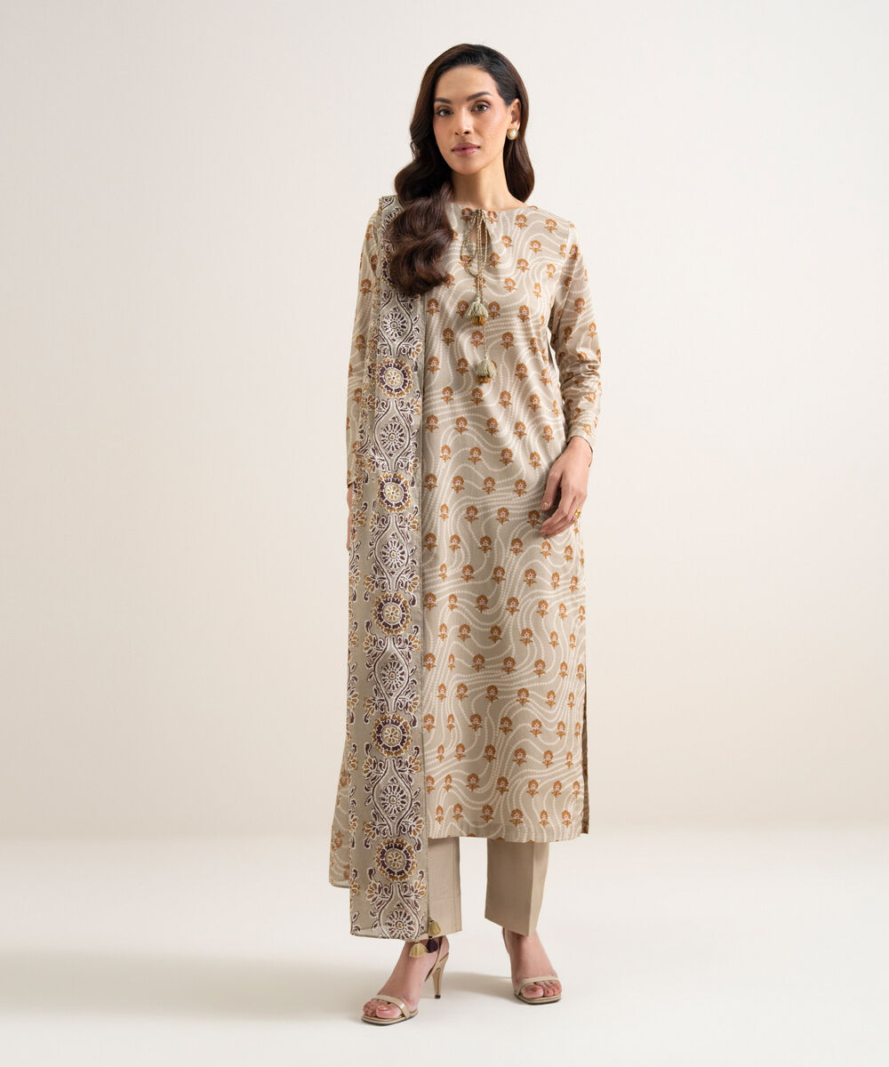 Women's Unstitched Cotton Printed Beige 3 Piece Suit