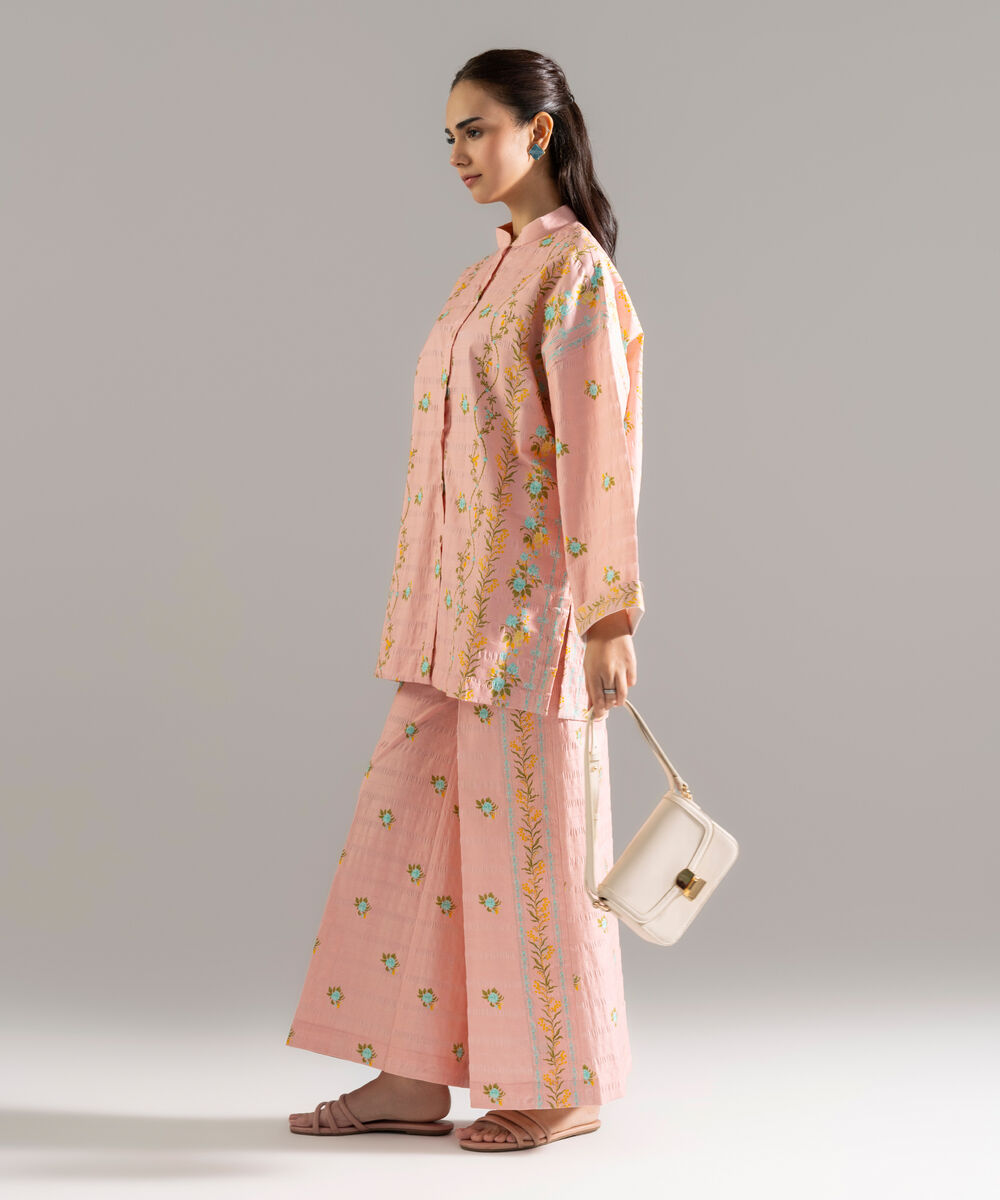 Women's RTW Seersucker Printed Pink Drop Shoulder Shirt