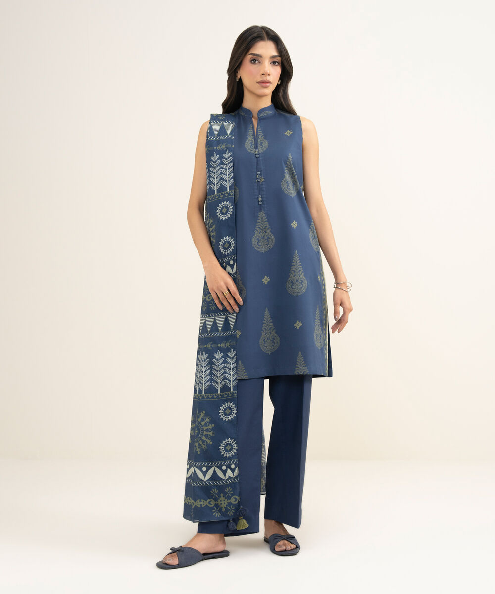 Women's Unstitched Lawn Printed Blue 3 Piece Suit