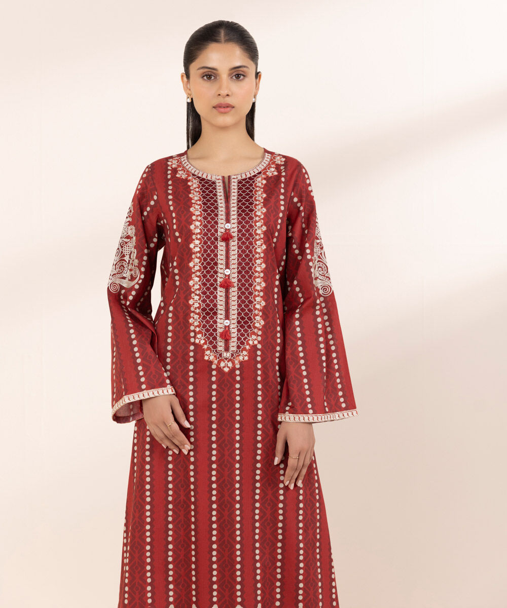 Women's RTW Lawn Red Embroidered A-Line Shirt