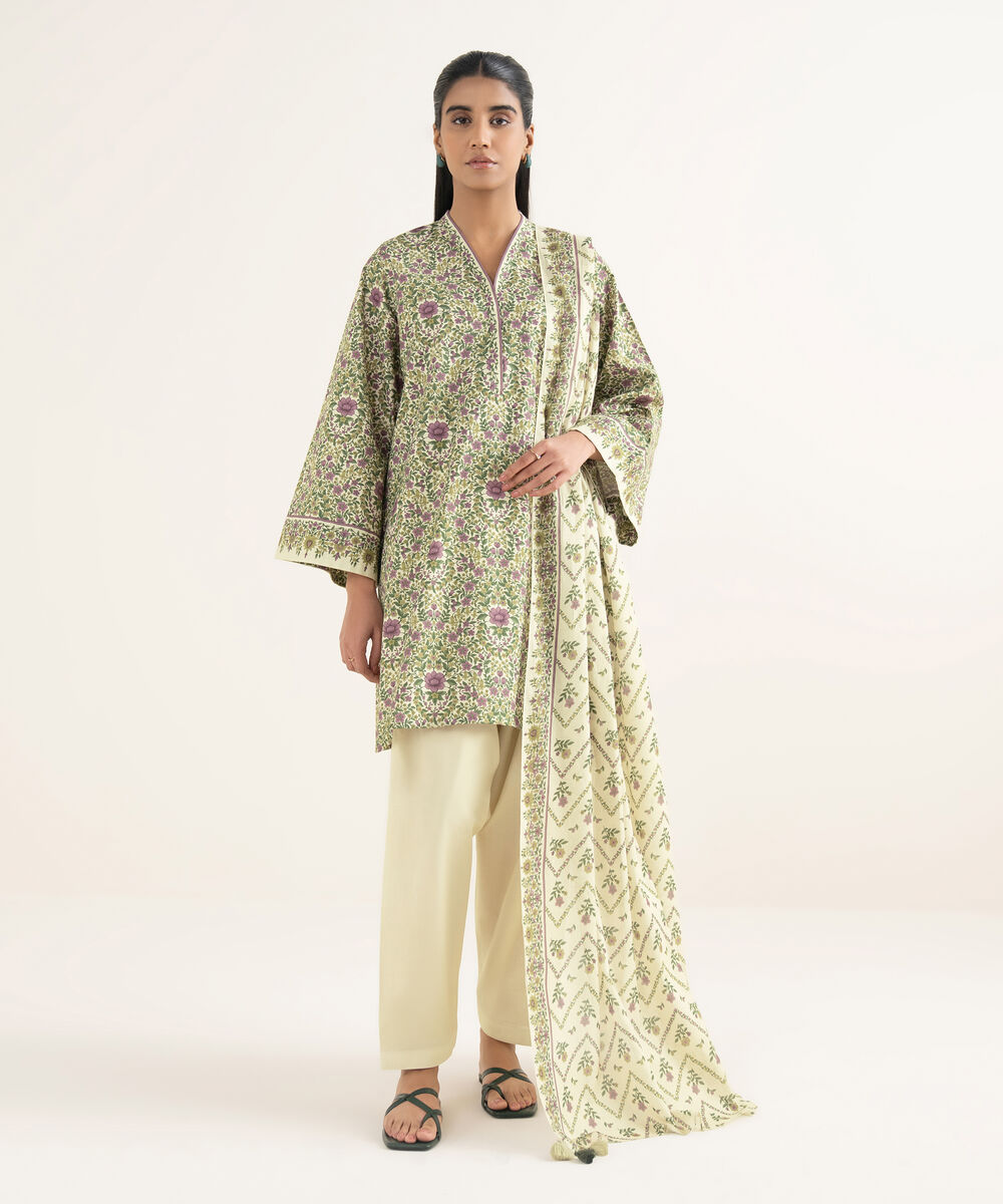 Women's Unstitched Cotton Printed Multi 3 Piece Suit