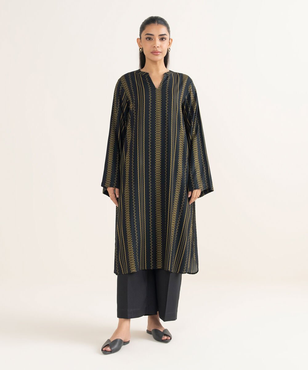 Women's RTW Linen Printed Black Straight Shirt