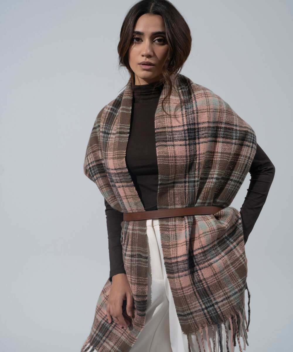 Women's Western Wear Light Pink Polyester Checkered Woolen Scarf