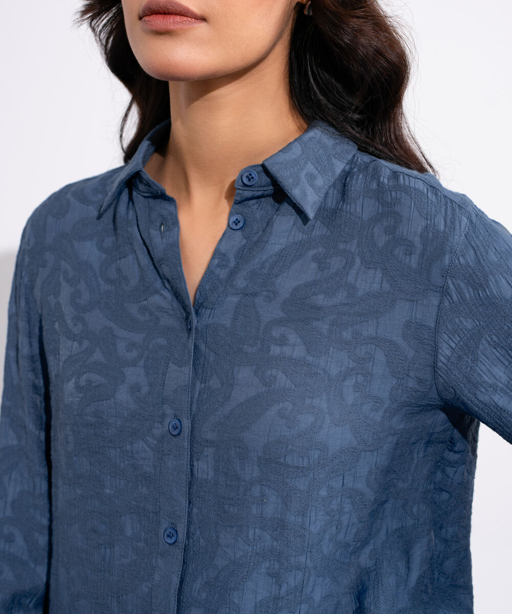Women's Blue Textured Button Through Shirt