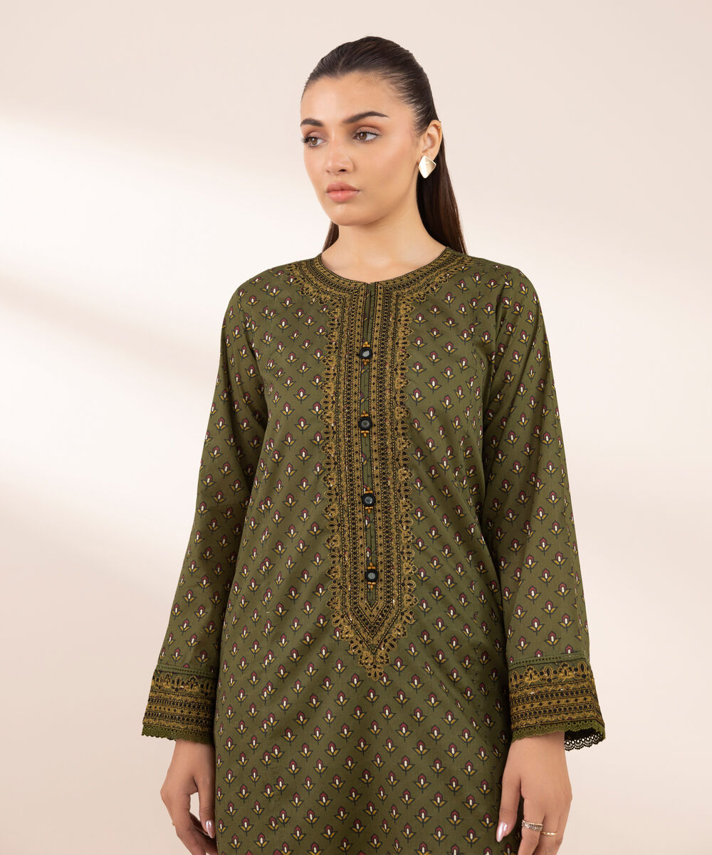 Women's RTW Lawn Green Embroidered A-Line Shirt