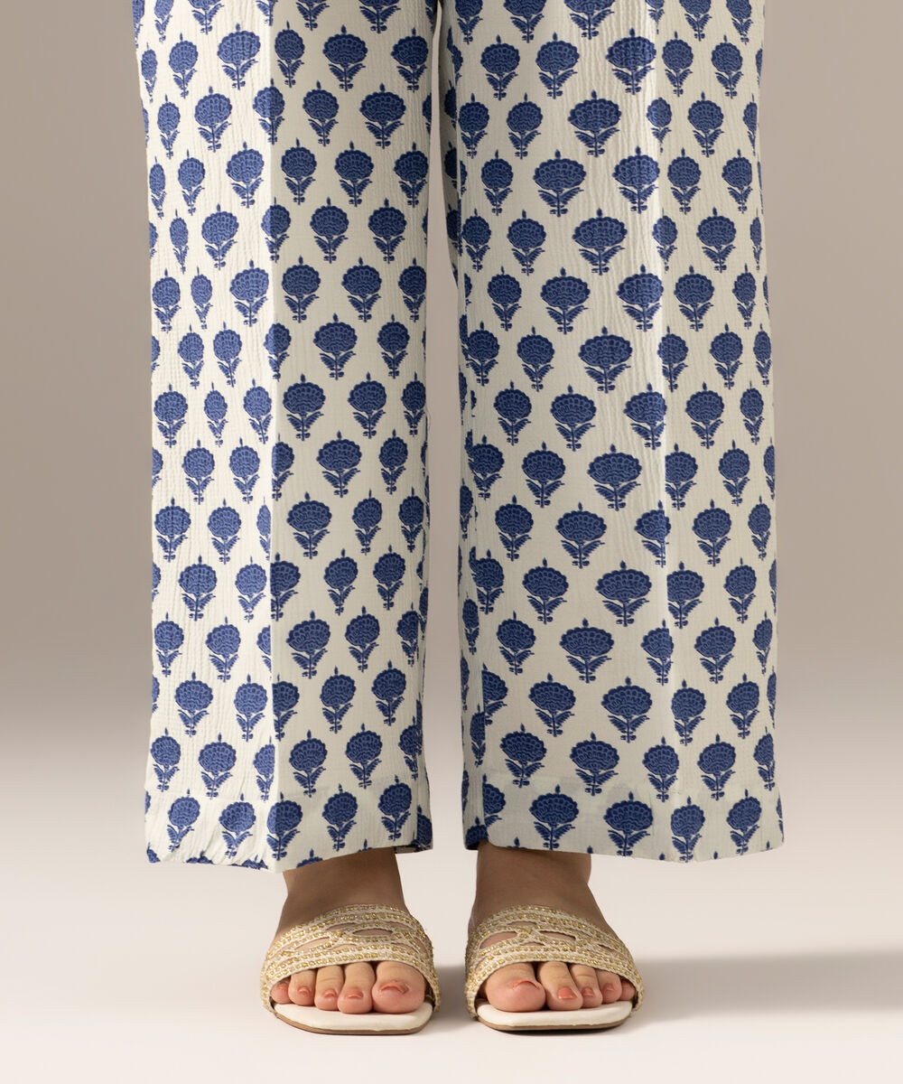 Women's RTW Seersucker Printed Pale White Straight Pants