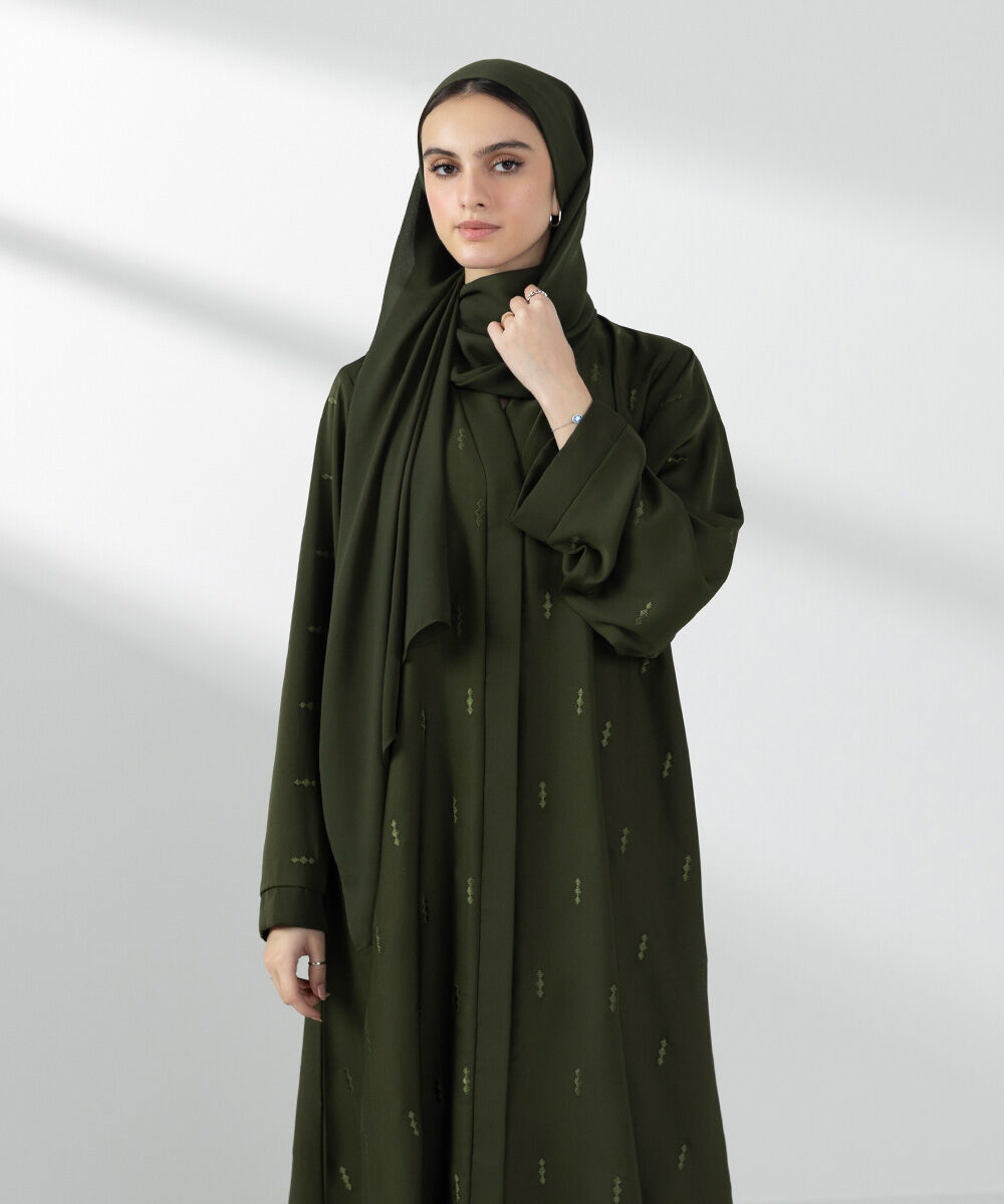 Woman - Green Embroidered Button Through Abaya Set