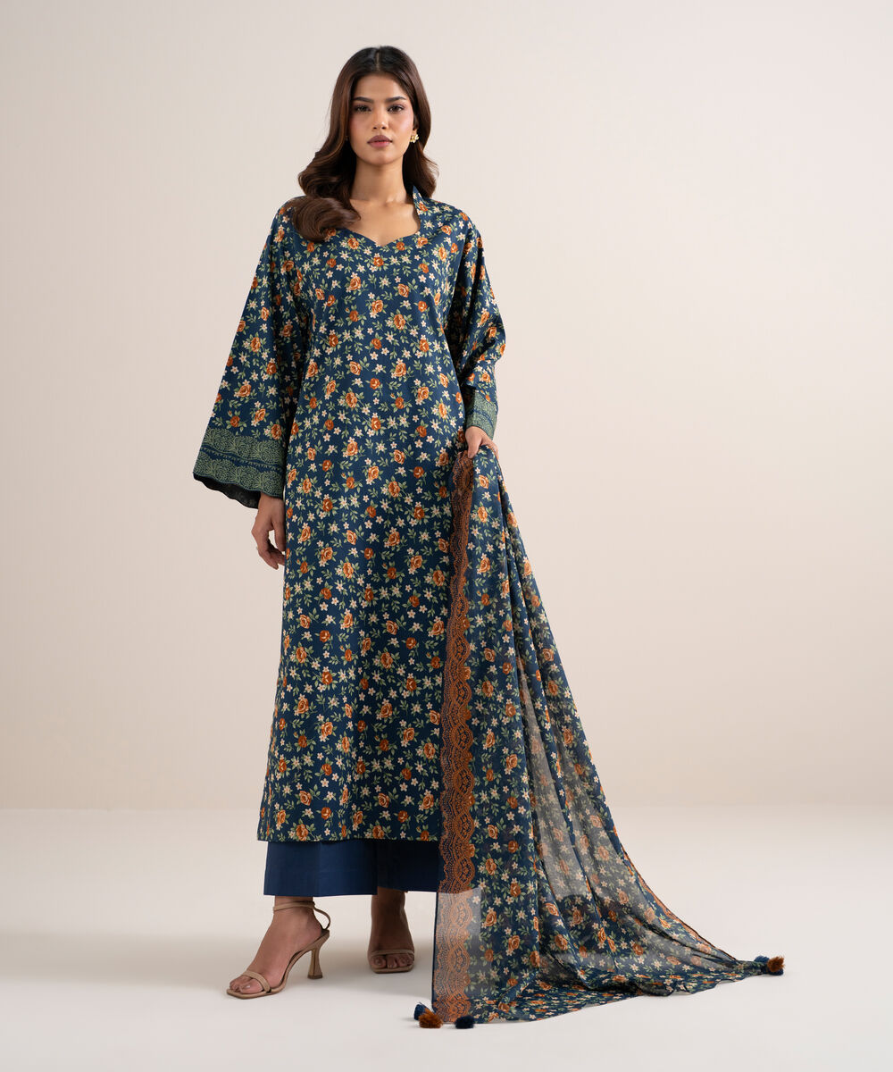 Women's Unstitched Lawn Printed Blue 3 Piece Suit