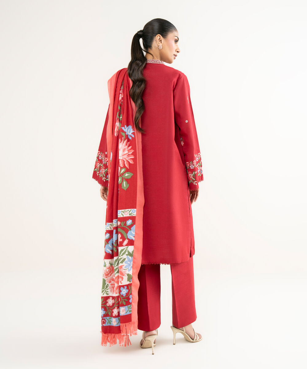 Women's Unstitched Twill Embroidered Red  3 Piece Suit
