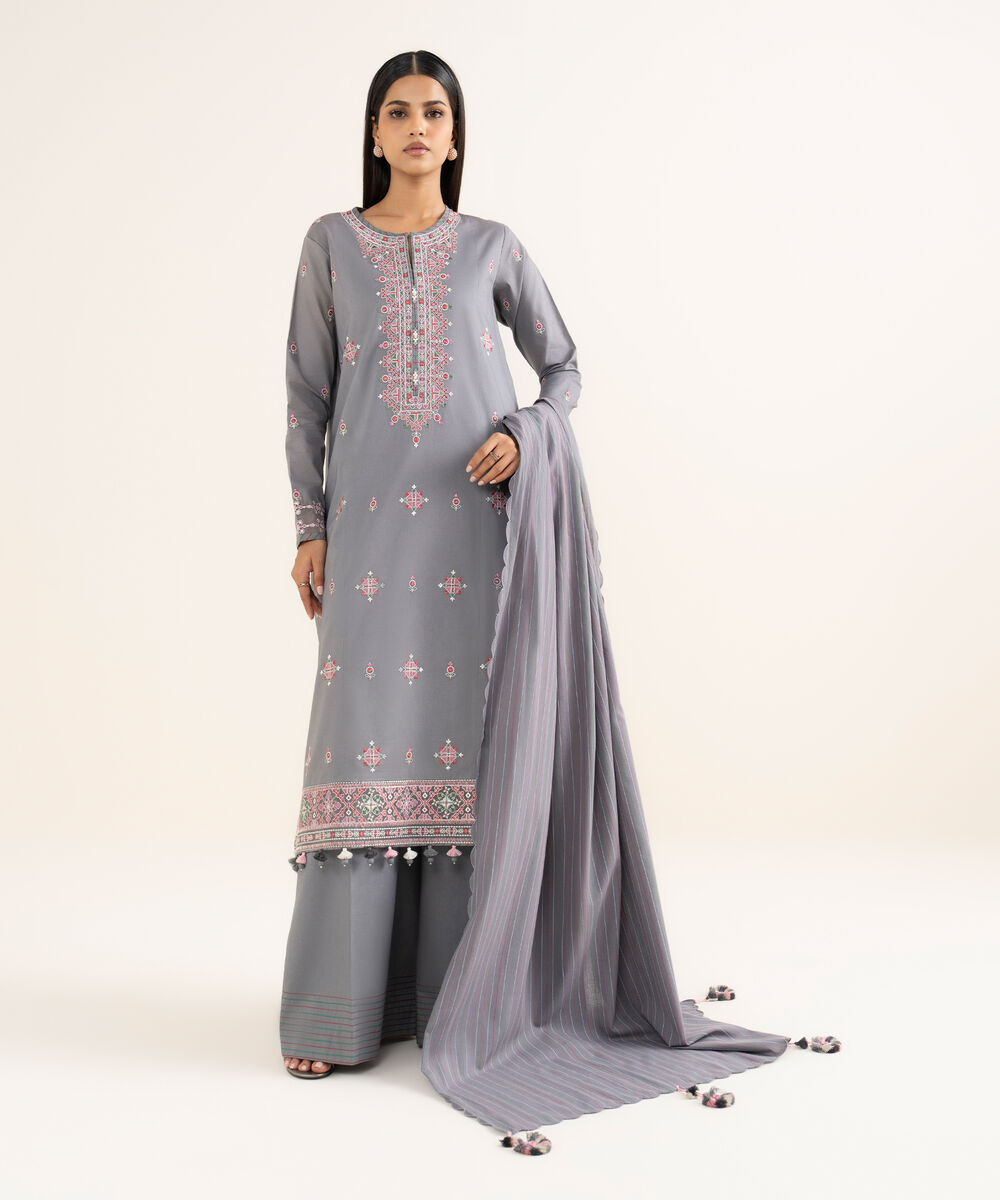 Women's Unstitched Embroidered Cotton Grey 3 Piece Suit