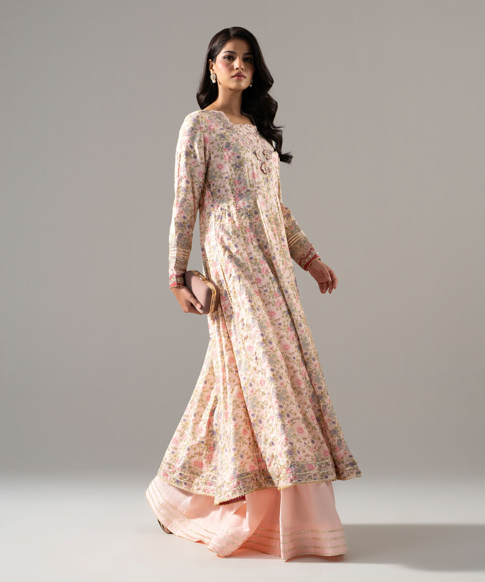 Women's RTW Bright Raw Silk Printed Pink 2 Piece Suit
