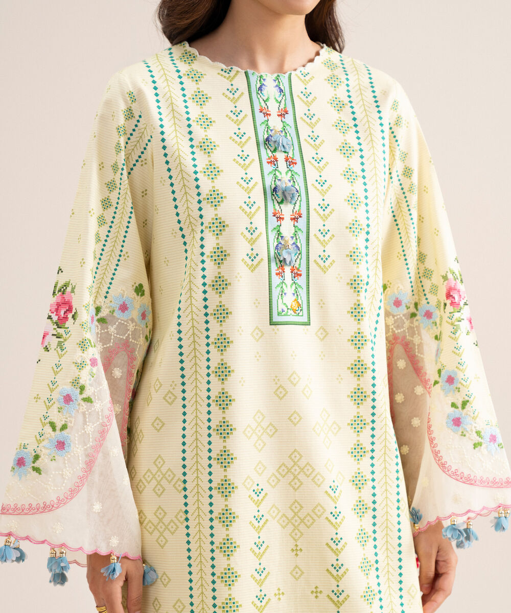 Women's Unstitched Zari Cotton Embroidered Butter Yellow  3 Piece Suit