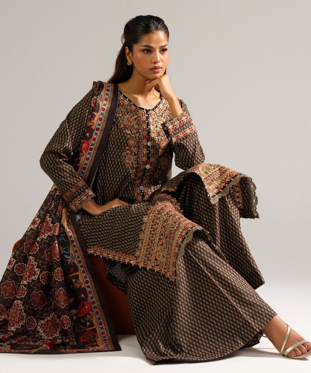 Women's RTW Dobby Embroidered Brown 3 Piece Suit