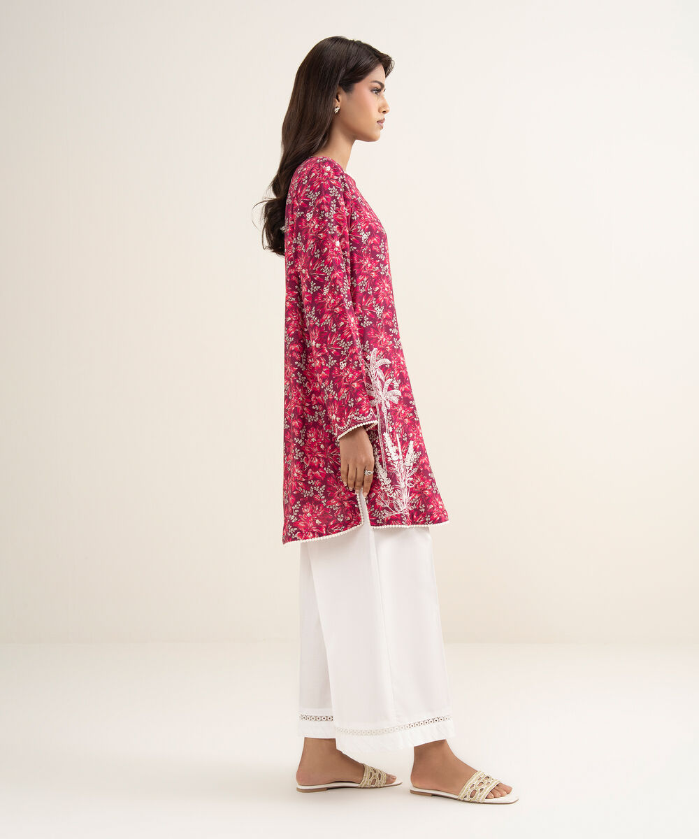 Women's RTW Viscose Raw Silk Embroidered Pink Straight Shirt