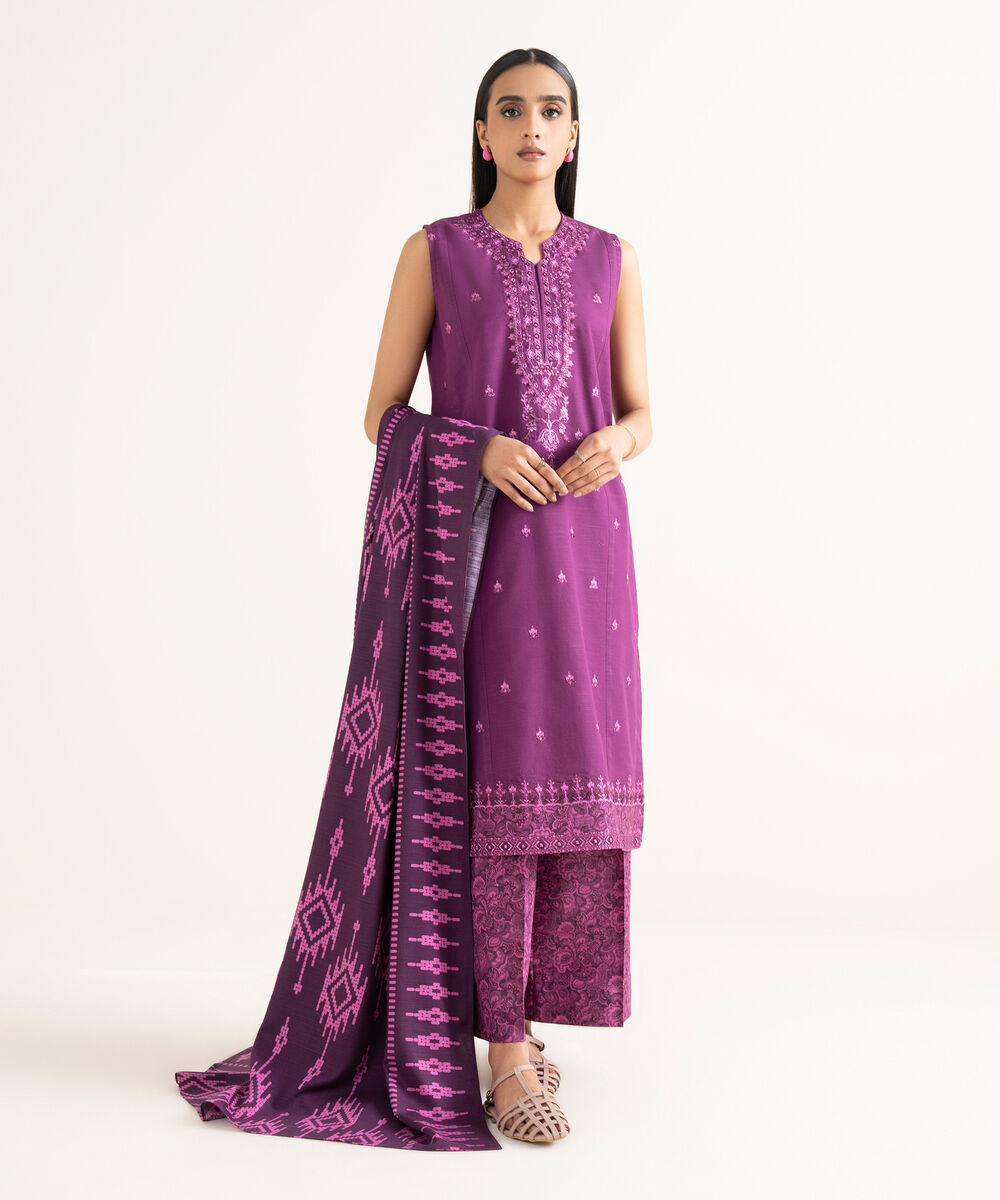 Women's Unstitched Light Khaddar Embroidered Magenta 3 Piece Suit