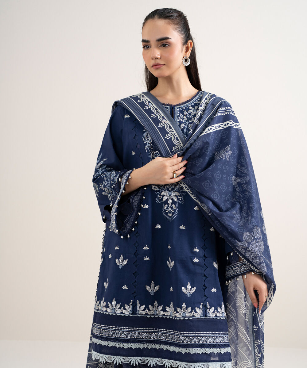 Women's Unstitched Cotton Embroidered Blue 3 Piece Suit