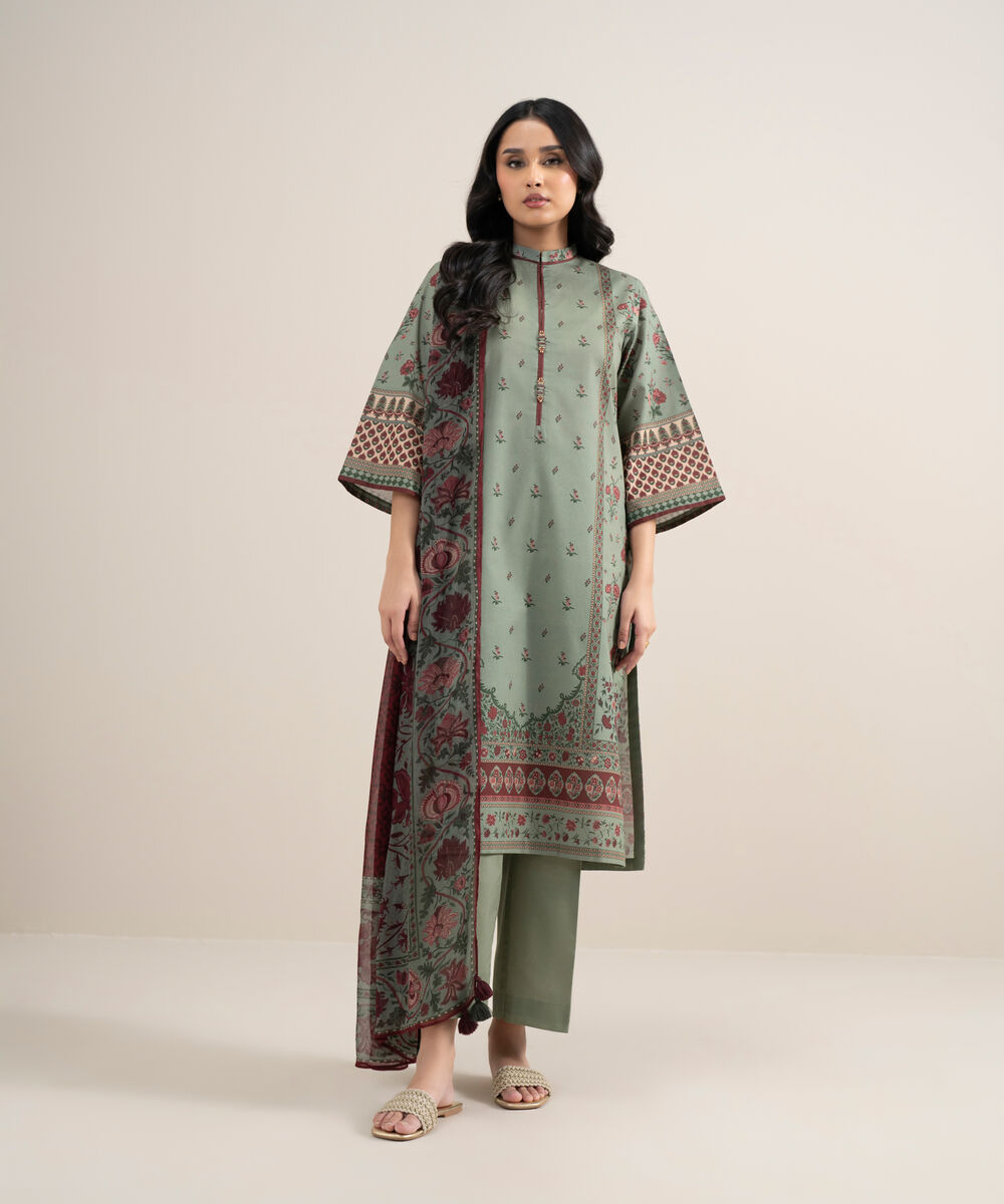 Women's Unstitched Lawn Printed Sage Green 3 Piece Suit