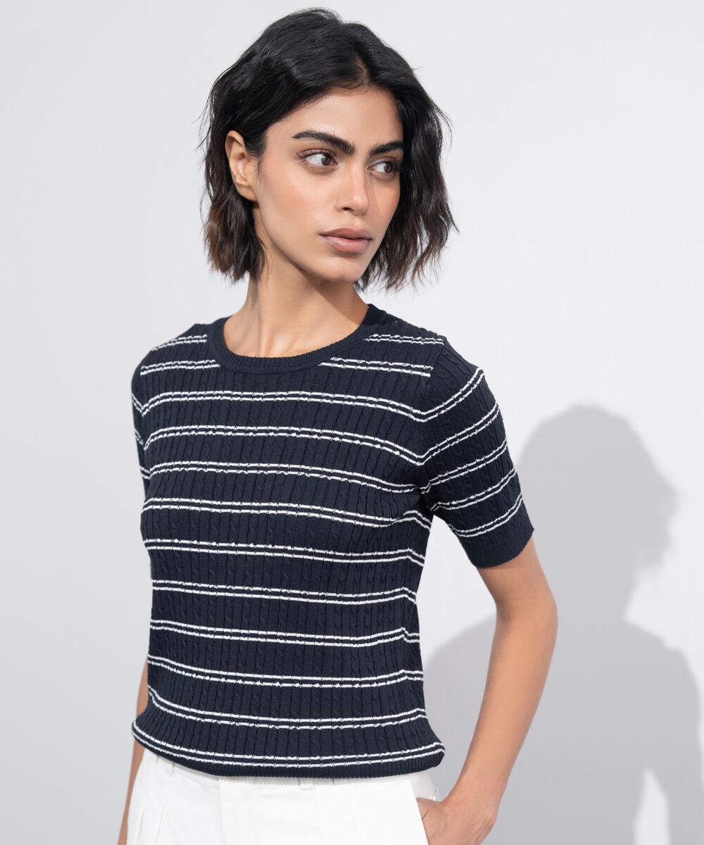 Women's Western Wear Blue Short Sleeve Striped Sweater