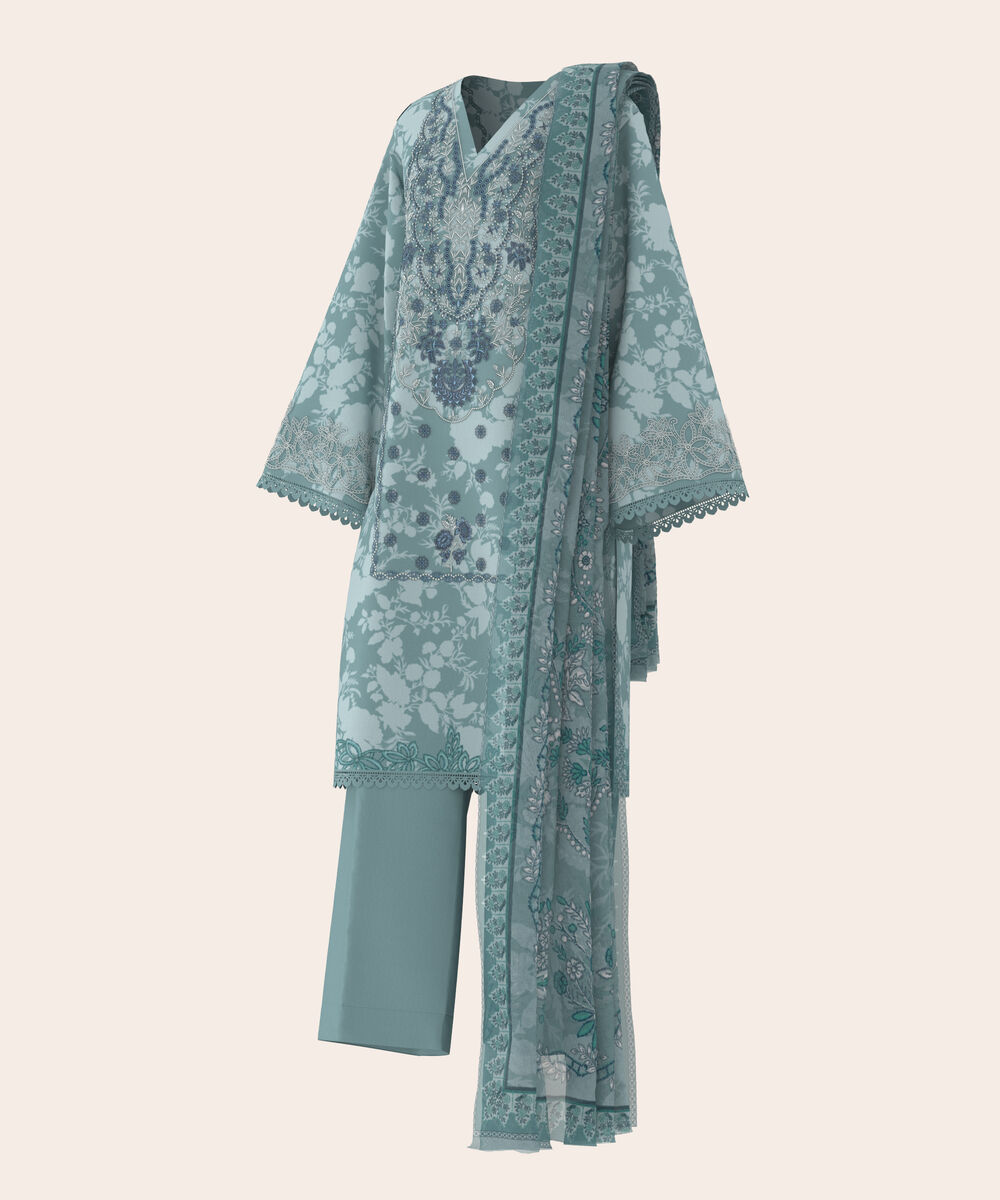 Women's Unstitched Lawn Dusty Teal Embroidered 3 Piece Suit