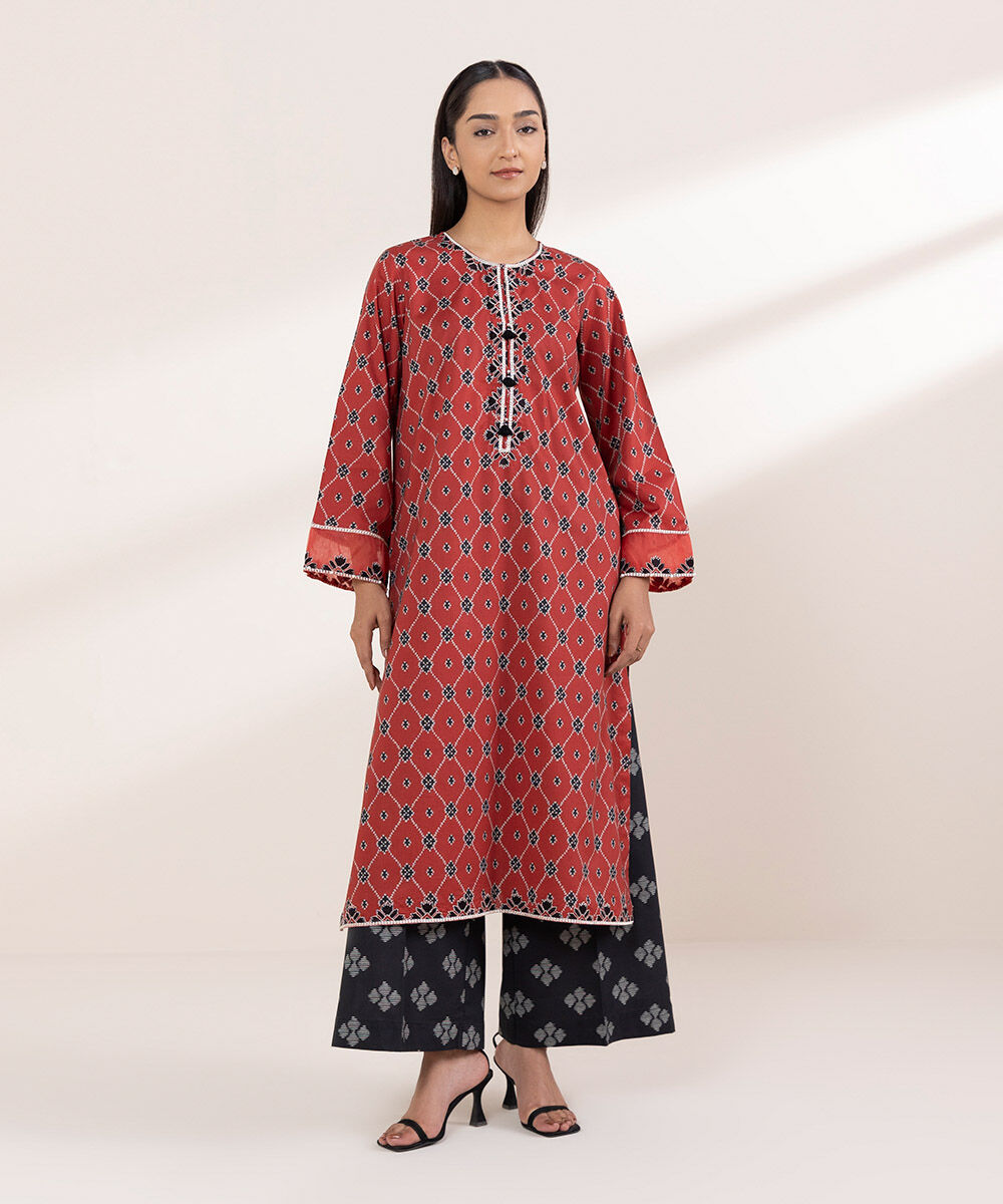 Women's RTW Cotton Viscose Red Embroidered A-Line Shirt