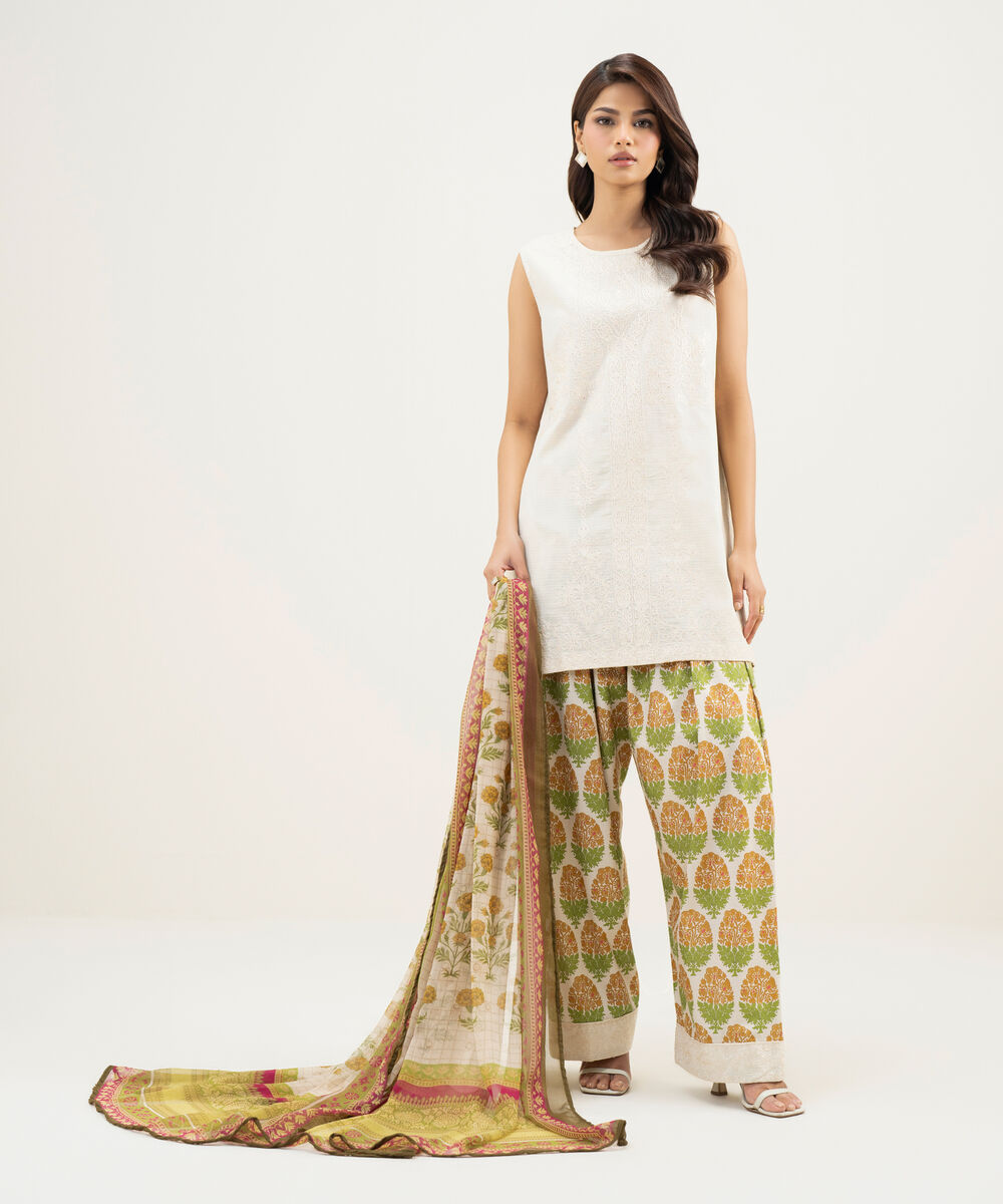 Women's RTW Dobby Embroidered Off White 3 Piece Suit