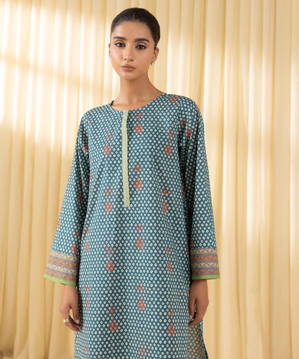 Women's Pret Yarn Dyed Blue Printed A-Line Shirt