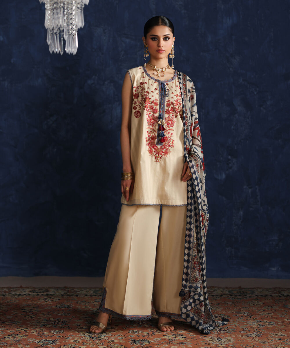 Women's RTW Leno Kara Embroidered Beige Straight Shirt