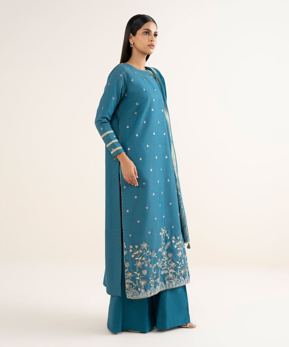 Women's Unstitched Embroidered Zari Khaddar Blue 3 Piece Suit