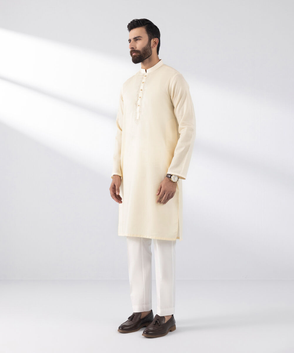 Men's Stitched Kurta Off White Embroidered Cotton Dobby Kurta