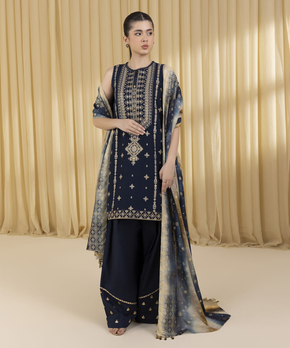 Unstitched Women's Blue Dobby 3 Piece Suit