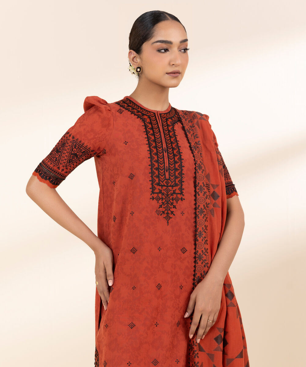 Women's Unstitched Cotton Jacquard Embroidered Red 3 Piece Suit
