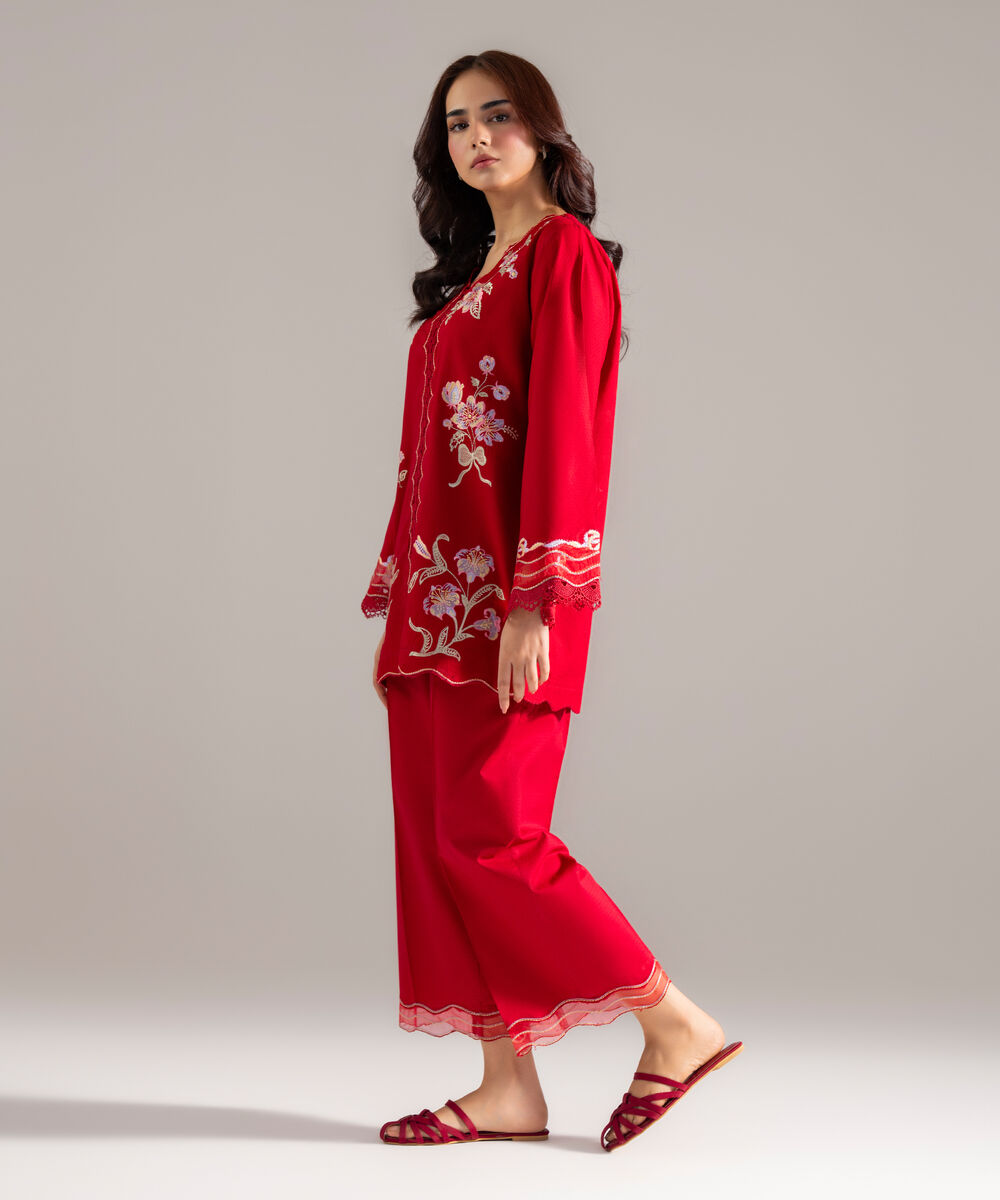Women's RTW Dobby Solid Embroidered Red Straight Shirt