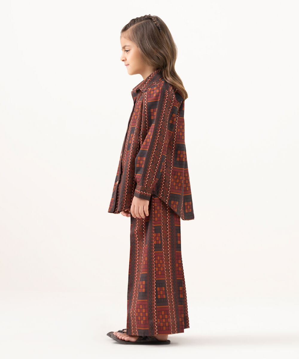 Girl's Light Khaddar Printed Brown 2 Piece Suit