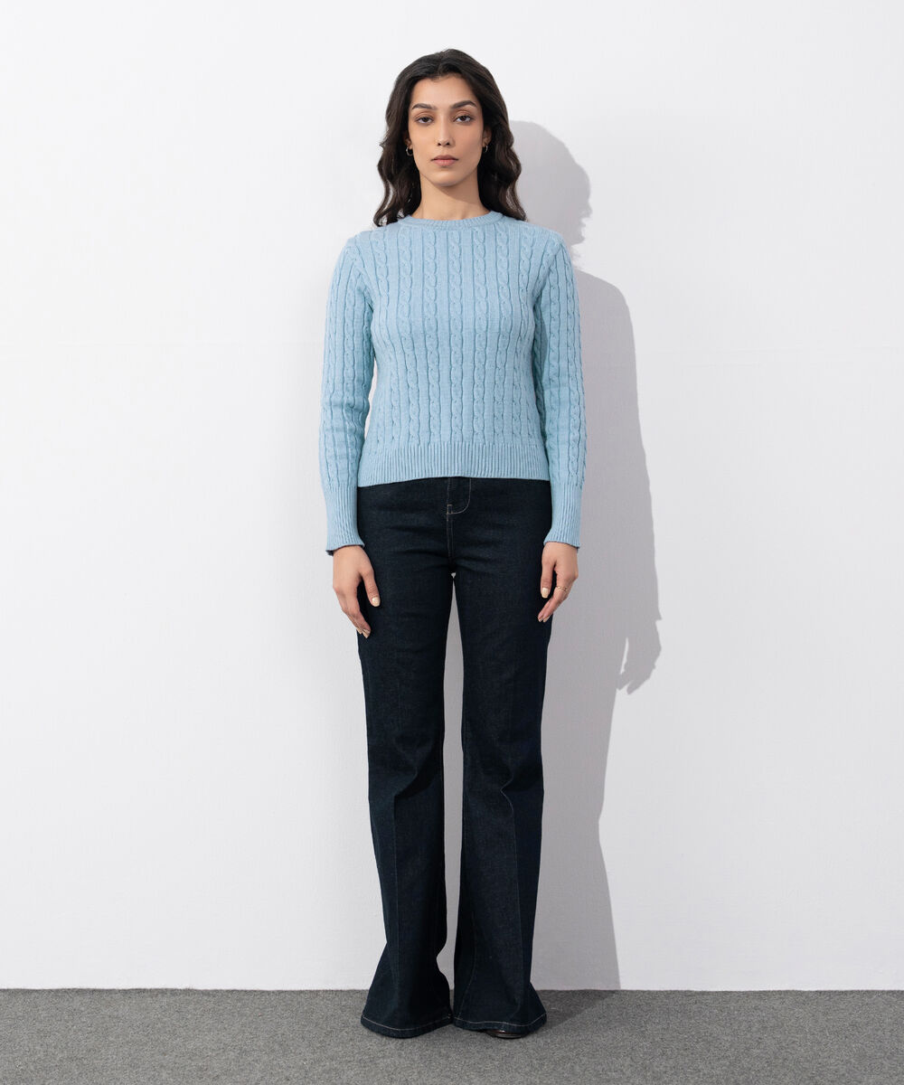 Women's Western Wear Blue Cable Knit Sweater