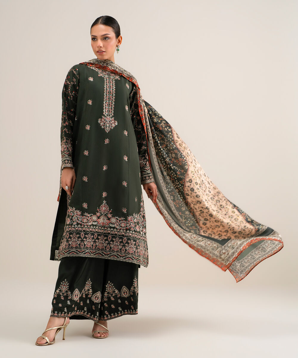 Women's Unstitched Embroidered Blended Raw Silk Green 3 Piece Suit