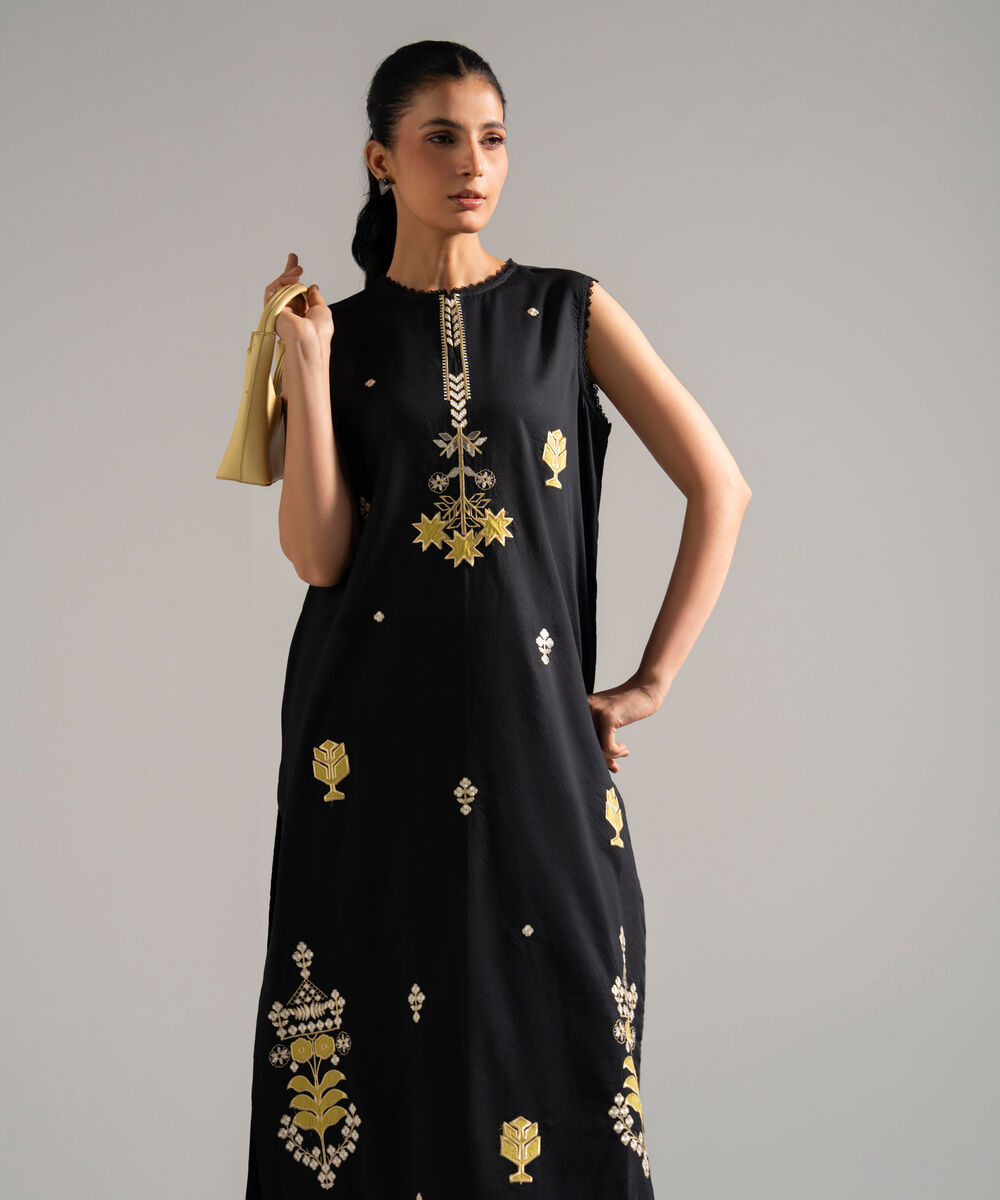 Women's RTW Dobby Embroidered Black 2 Piece Suit