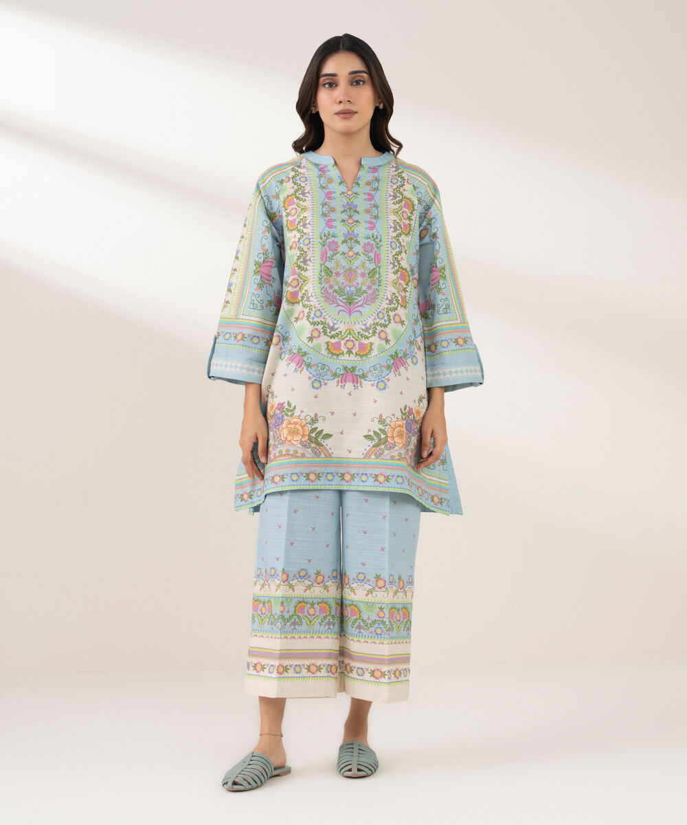 Women's RTW Khaddar Printed Straight Blue Shirt