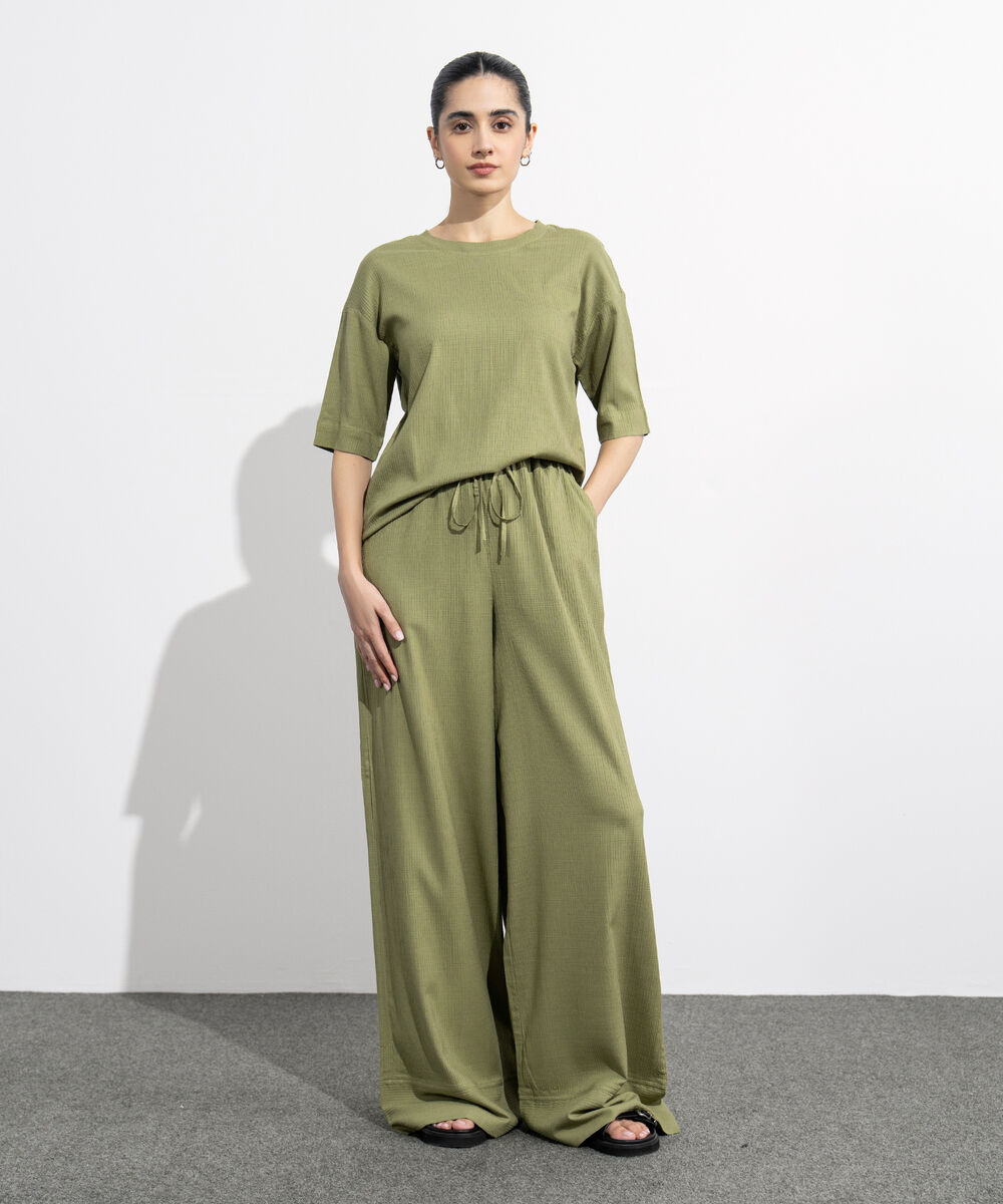 Women's Western Wear Green Seersucker Wide Leg Trousers