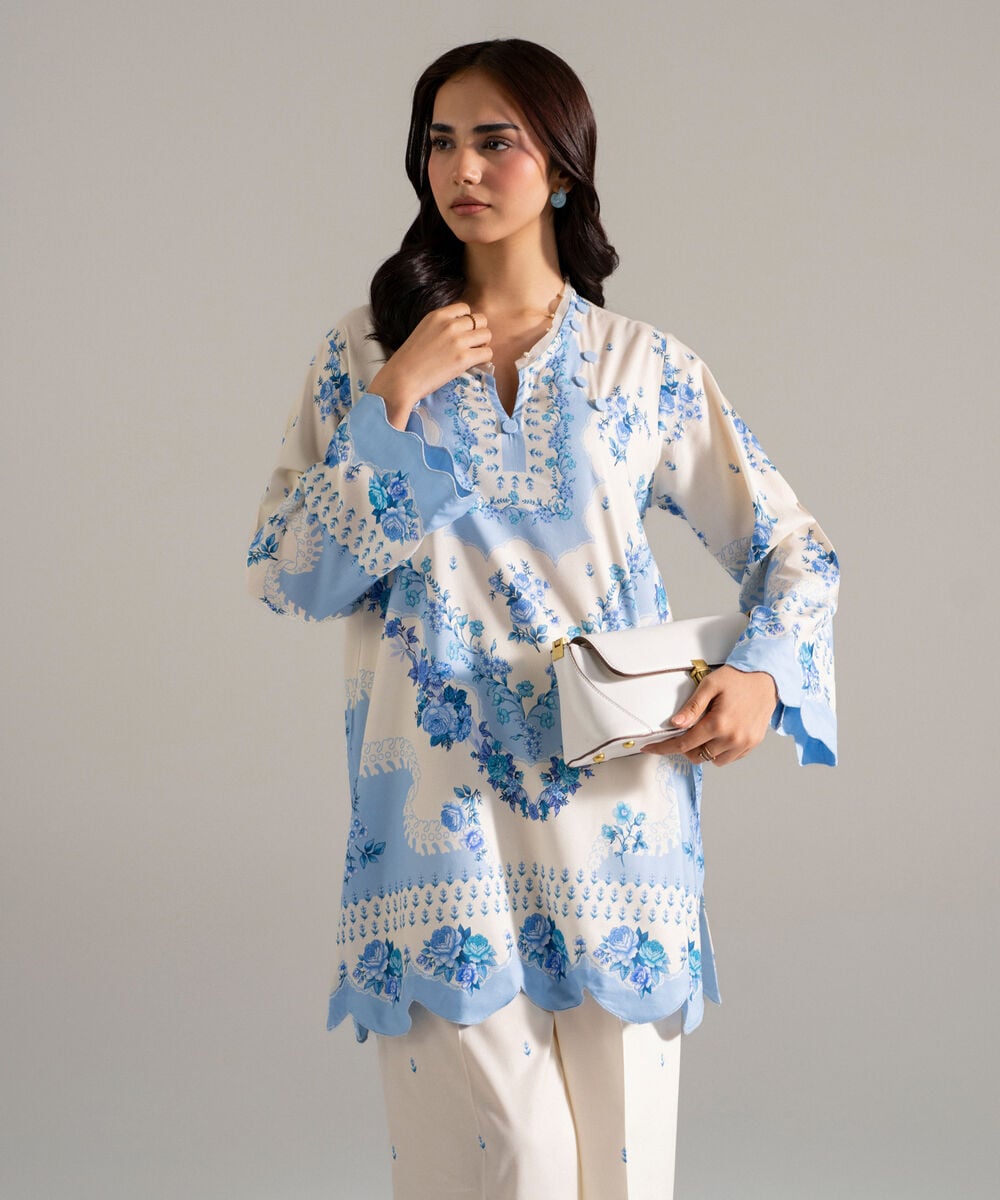 Women's RTW Cotton Viscose Printed White 2 Piece Suit