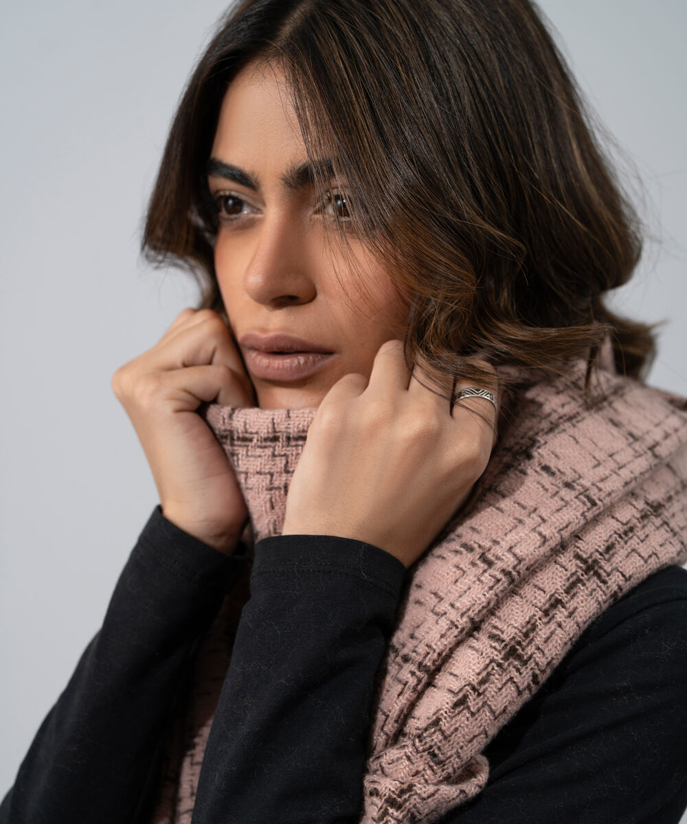 Women's Western Wear Pink Polyester Checkered Woolen Scarf