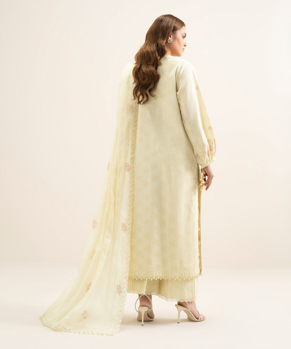 Women's Unstitched Cotton Jacquard Embroidered Off White 3 Piece Suit