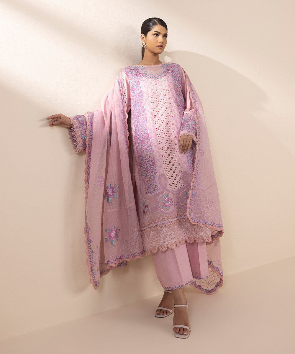 Woman - Pink 3 Piece - Embroidered Cotton Satin Suit