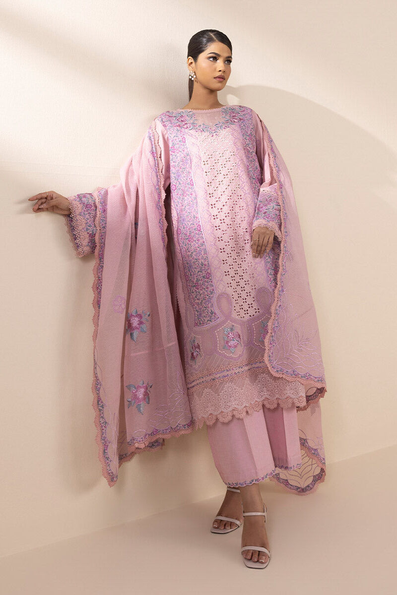3 Piece - Embroidered Cotton Satin Suit