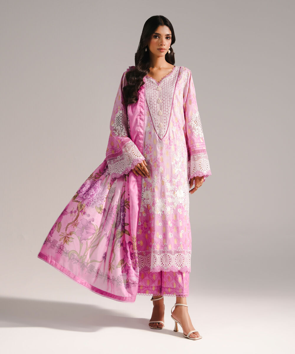 Women's RTW Self Jacquard Embroidered Pink 3 Piece Suit