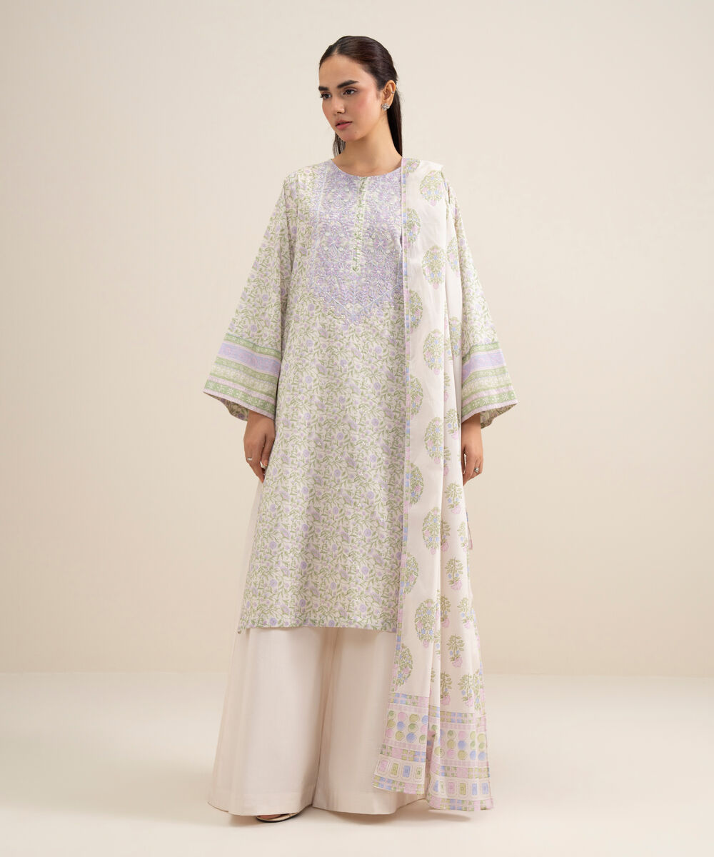 Women's Unstitched Lawn Embroidered Off White 3 Piece Suit
