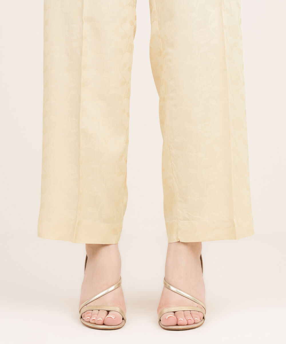 Women's RTW Arabic Self Jacquard Solid Off White Straight Pants