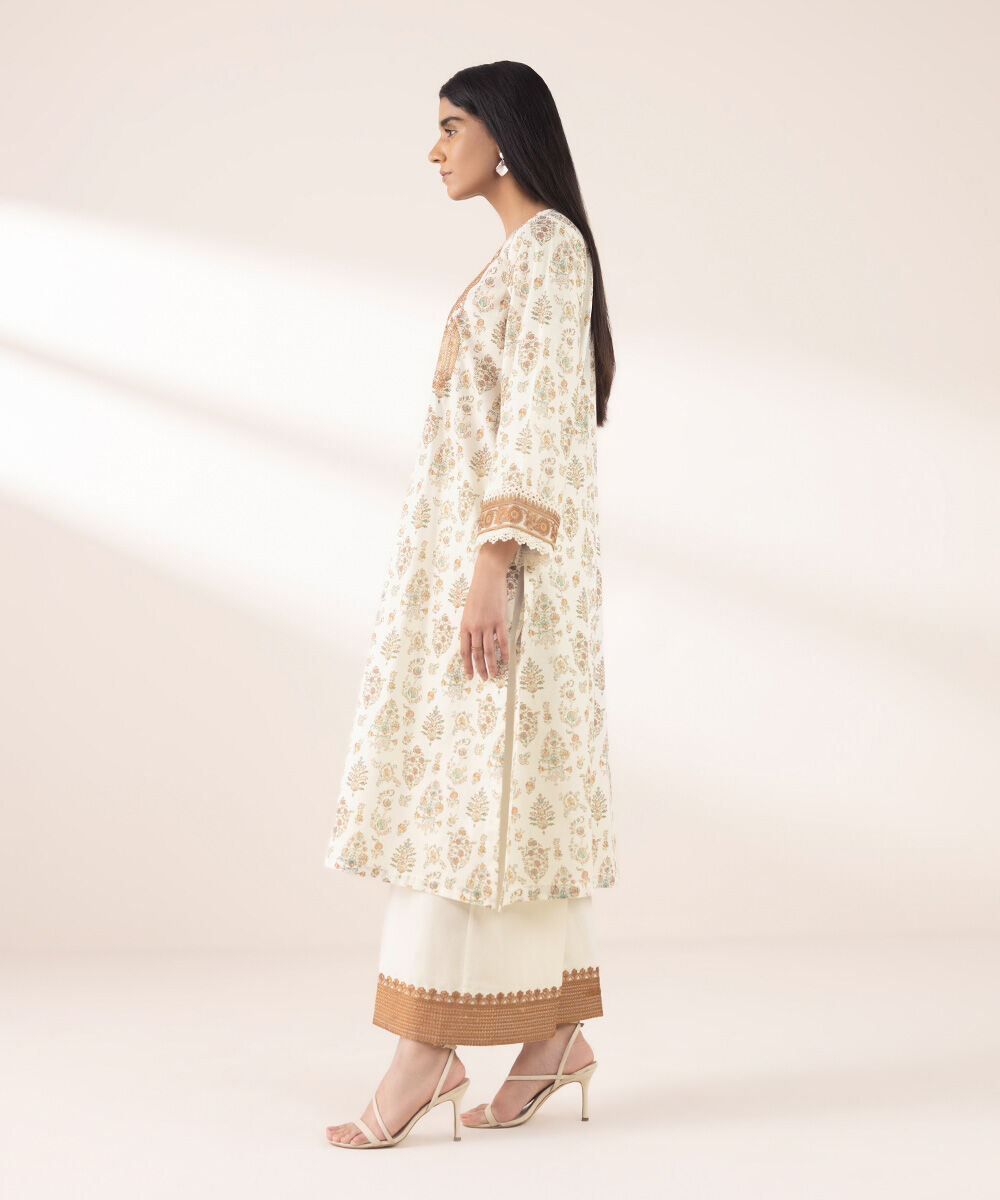 Women's RTW Textured Lawn Beige Embroidered A-Line Shirt