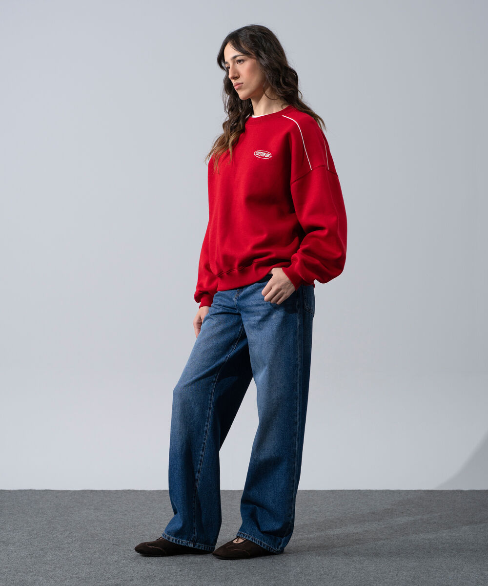 Women's Western Wear Red Oversized Fleeceback Graphic Sweatshirt